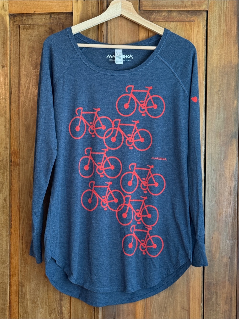 Marushka L Heathered Navy Long-Sleeve Tee with Red Bicycle Print Big Fork, MT